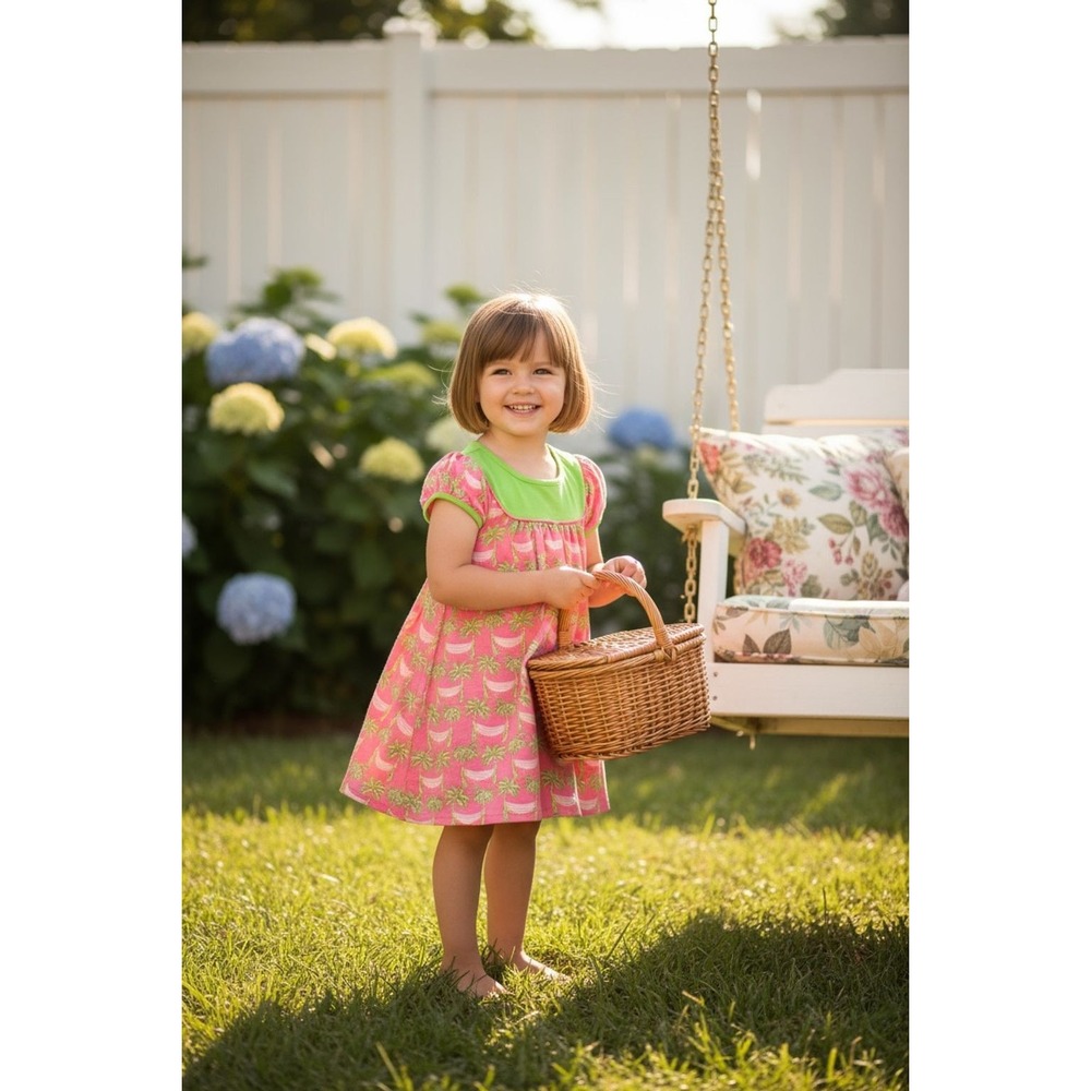 Simply Southern Girls' 4T Palm Tree Hammock Knee Length Dress vacation‎ cruise